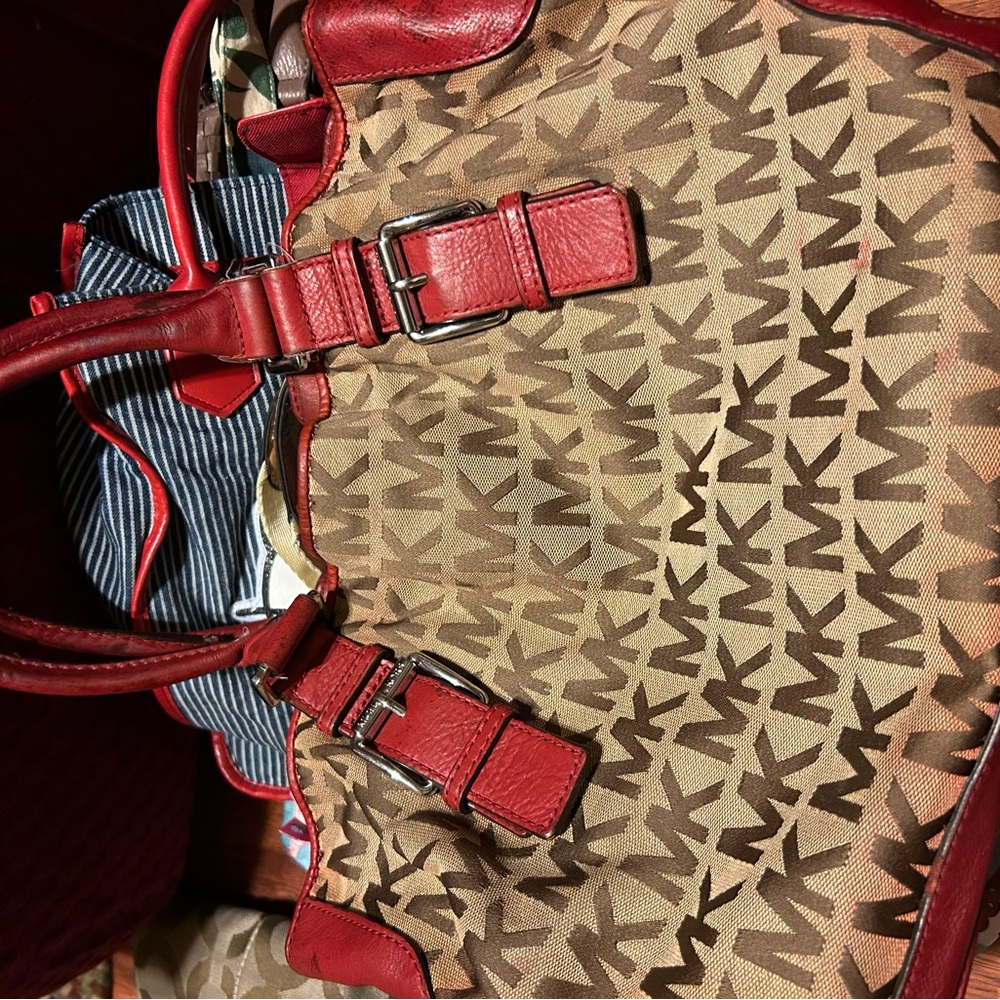 Michael Kors Red and Brown Totes with Signature Monogram
